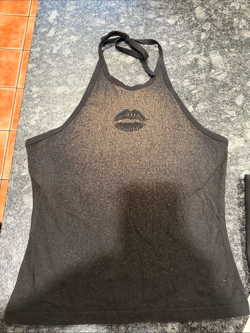 GAP Black Glitter Halter Tank with Lip Motif